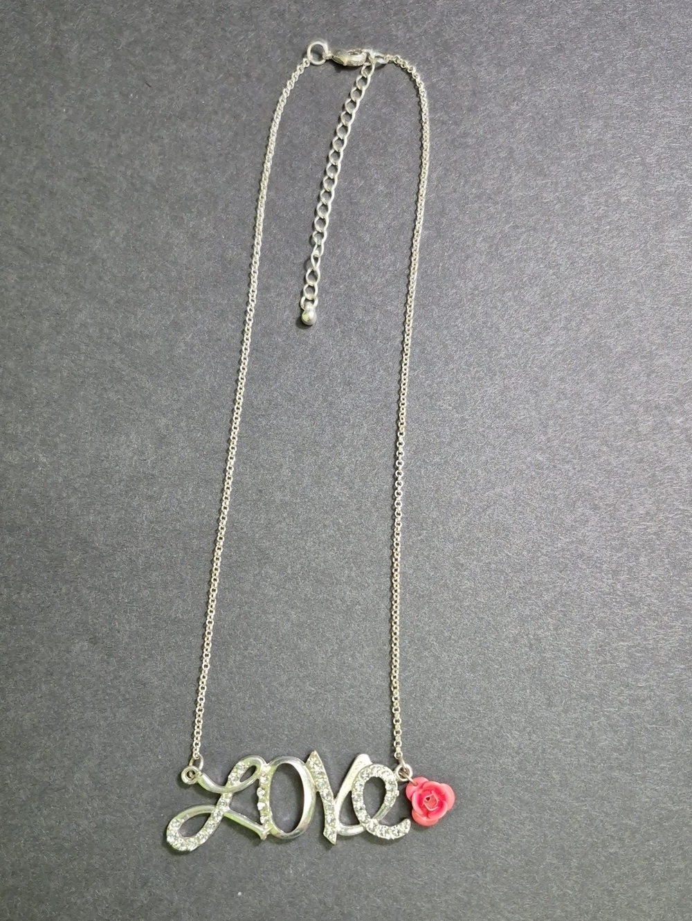 Silver Tone 'LOVE' 18" In. Necklace with Pink Rose Charm - Picture 1 of 5